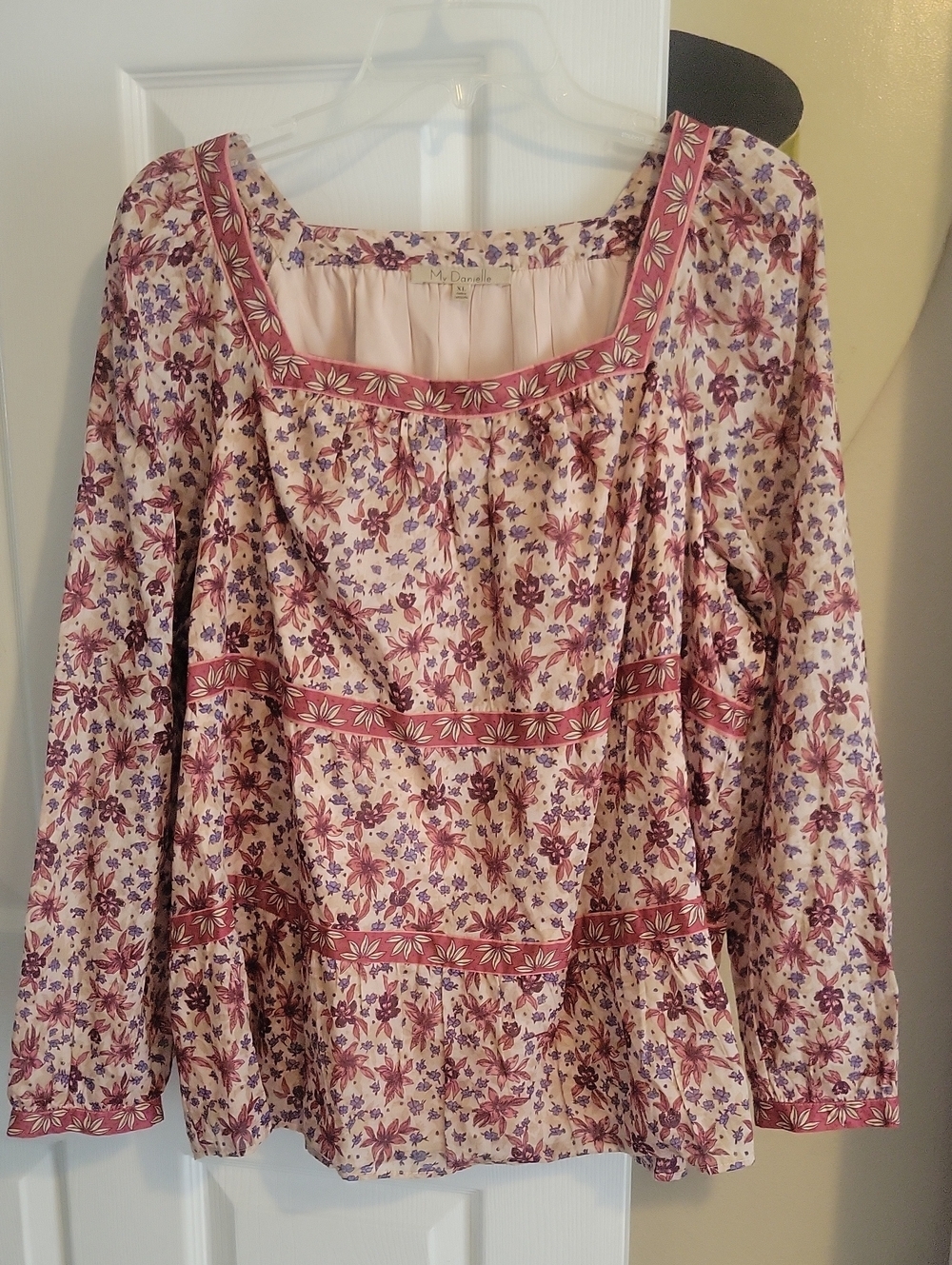 My Danielle XL Cottagecore Boho Floral Cream Pink Square Neckline Peasant Blouse